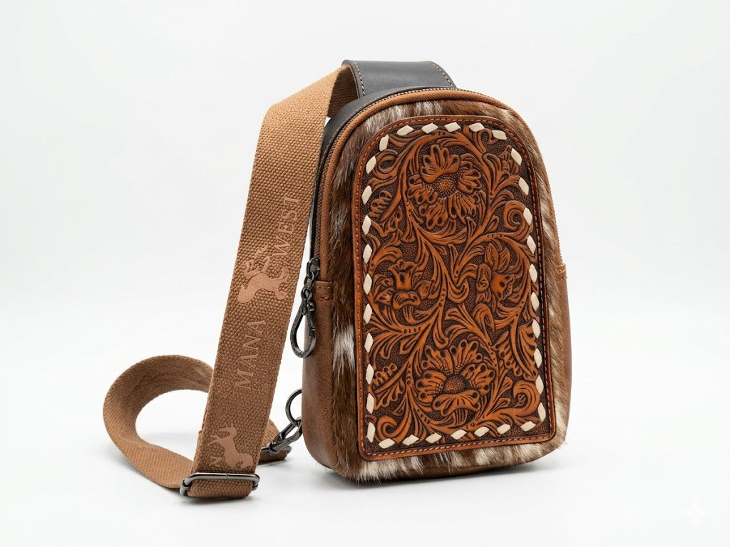 Trinity Ranch Genuine Hair-On Cowhide Tooled Sling Bag