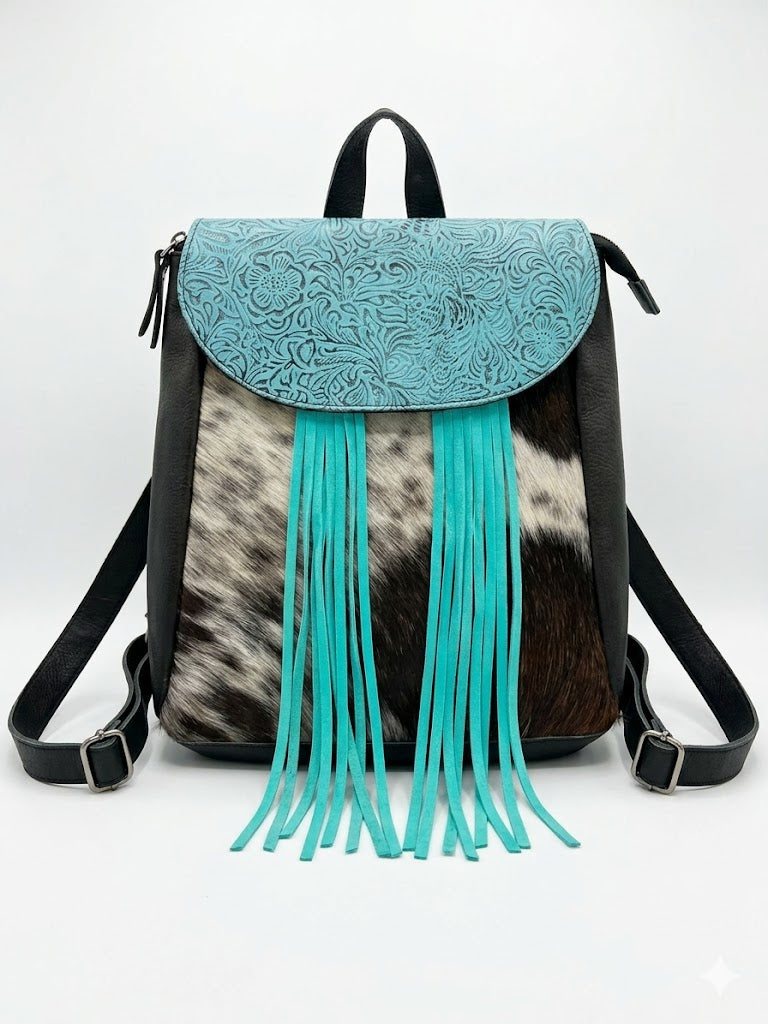 Turquoise Tooled Leather & Cowhide Fringe Backpack