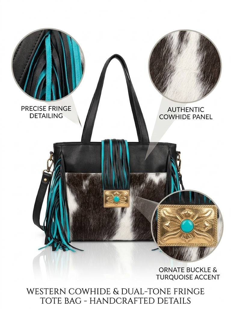 Western Cowhide & Dual-Tone Fringe Tote Bag
