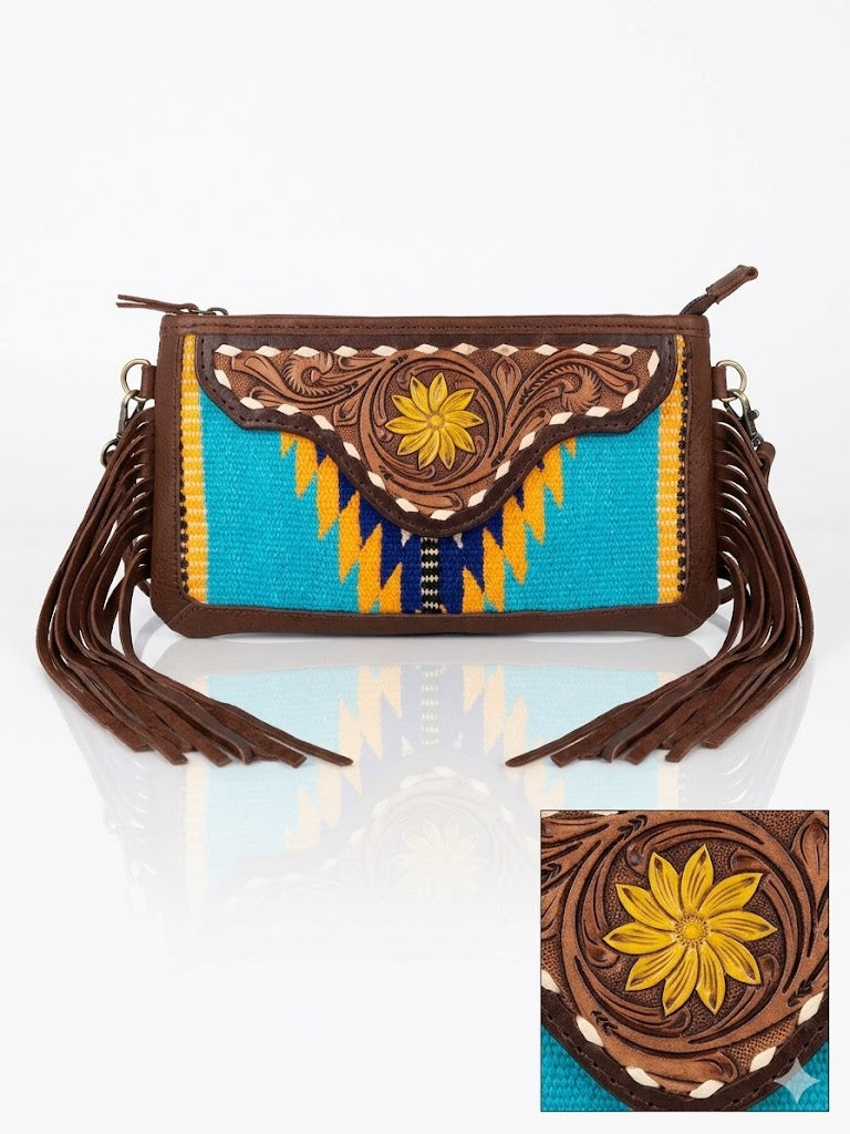 Southwestern Tooled Leather & Canvas Crossbody