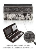 Hand-Carved Leather & Authentic Cowhide Zip Wallet