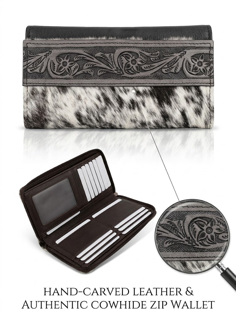 Hand-Carved Leather & Authentic Cowhide Zip Wallet