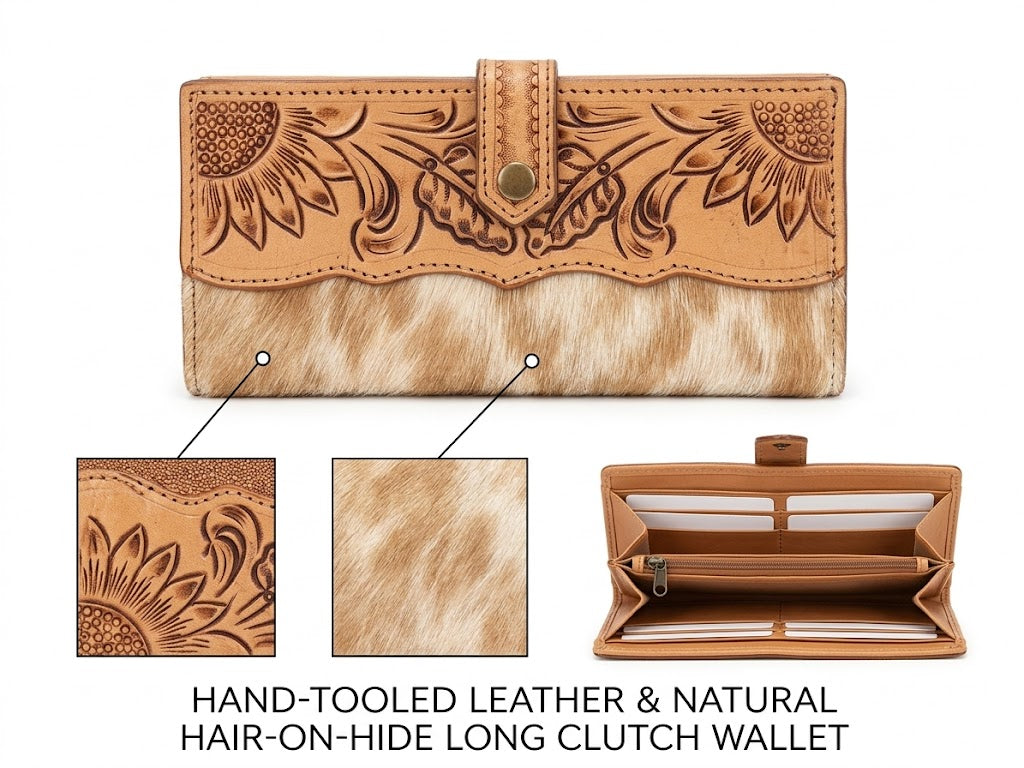 Hand-Tooled Leather & Natural Hair-on-Hide Long Clutch Wallet